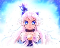  bad_id bad_pixiv_id blue_eyes bow brooch choker crown demon_power_(elsword) elsword female jewelry long_hair luciela_r._sourcream pointy_ears porupu smile solo thick_eyebrows white_hair 