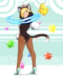  ass blonde_hair blue_eyes cat_ears catsuit chiko_(mario) crown female female full_body hair_over_one_eye high_heels kitsune23star nintendo pantyhose rosalina_(mario) rosetta_(mario) star_bits super_mario_3d_world super_mario_bros. super_mario_galaxy tail 