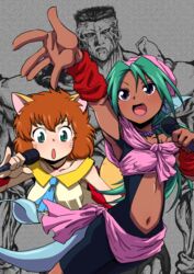  1boy 2girls animal_ears dark_skin head_fins juri_(yuu_yuu_hakusho) koto_(yuu_yuu_hakusho) microphone midriff monster_girl multiple_girls navel oerba_yun_fang open_mouth tail toguro_otouto uchuu_ika yuu_yuu_hakusho 