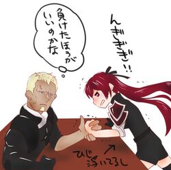  1boy arm_wrestling armor beard benoit_(fire_emblem_if) blonde_hair blue_eyes blush breasts dark_skin facial_hair female fire_emblem fire_emblem_if gloves long_hair luna_(fire_emblem_if) open_mouth red_hair scar thighhighs twintails 