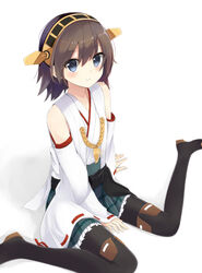  black_legwear blue_eyes brown_hair commentary_request female frilled_skirt frills hairband hiei_(kancolle) huuyu_1z kantai_collection nontraditional_miko pantyhose plaid plaid_skirt ribbon-trimmed_sleeves ribbon_trim short_hair sitting skirt smile solo thighhighs 