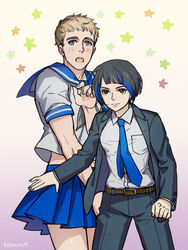  1boy animification artist_name bad_id bad_pixiv_id belt black_hair blue_hair blue_necktie brown_hair crossdressing female formal mako_mori multicolored_hair necktie pacific_rim pant_suit pants parody raleigh_becket reammara school_uniform serafuku signature streaked_hair suit 