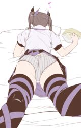  absurdres ass bed_sheet brown_hair checkered_clothes checkered_skirt chips_(food) clothes_lift commentary crotch_seam dress_shirt eating eighth_note female food from_behind grey_panties hair_ribbon hat hi_you_(flying_bear) highres himekaidou_hatate lace-trimmed_panties lace_trim long_hair lying miniskirt musical_note on_bed on_stomach panties pillow potato_chips purple_hat purple_ribbon purple_skirt purple_thighhighs ribbon shirt short_sleeves skirt skirt_lift solo striped_clothes striped_panties thighhighs tokin_hat touhou underwear vertical-striped_clothes vertical-striped_panties white_shirt 