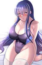  absurdres akiyama_rinko arm_support bed_sheet black_one-piece_swimsuit blue_hair blush breasts cleavage collarbone commentary_request competition_swimsuit covered_navel curvy female groin hair_between_eyes highleg highres kanna_(minamozuki) large_breasts long_hair looking_at_viewer one-piece_swimsuit open_mouth purple_eyes simple_background sitting solo stomach swimsuit taimanin_(series) taimanin_asagi taimanin_rpgx taut_clothes taut_swimsuit thighhighs thighs white_background 