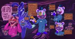  2023 absurd_res anthro bear buckteeth cassie_(fnaf) clothing dialogue digital_creature digital_media_(artwork) electroshock_weapon english_text exclamation_point female fingerless_gloves fingers five_nights_at_freddy&#039;s five_nights_at_freddy&#039;s:_security_breach five_nights_at_freddy&#039;s:_security_breach_ruin gesture gloves group hand_gesture handwear hat headgear headwear helpi_(fnaf) hi_res holding_object holding_weapon human kleenkyfill lagomorph leporid lolicon male mammal mask mxes_(fnaf) ok_sign one_eye_closed pointing rabbit scottgames smile steel_wool_studios stun_gun teeth text trio watermark weapon wink young young_human 