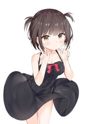  absurdres bare_arms bare_shoulders black_dress blush bow breasts brown_eyes brown_hair cleavage closed_mouth collarbone commentary double_w dress female fuyuki030 hands_up highres looking_at_viewer original red_bow simple_background sleeveless sleeveless_dress small_breasts smile solo two_side_up w white_background 