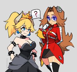  2girls ? armlet artist_name black_dress black_thighhighs blonde_hair blue-tinted_eyewear blue_eyes bowsette bracelet breasts brown_hair ciosuii cleavage closed_mouth collar dr._eggman dress earrings eggmaam genderswap_(mtf) glasses gloves hair_between_eyes half-closed_eye height_difference highres horns jewelry large_breasts long_hair long_sleeves mario_(series) multiple_girls new_super_mario_bros._u_deluxe pointy_ears ponytail rule_63 shared_speech_bubble sonic_(series) speech_bubble spiked_armlet spiked_bracelet spiked_collar spikes spoken_question_mark strapless strapless_dress super_crown thighhighs tinted_eyewear trait_connection white_gloves zipper_pull_tab 