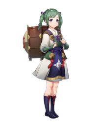  backpack bag black_footwear boots bridal_gauntlets closed_mouth dress female fire_emblem fire_emblem_fates fire_emblem_heroes full_body green_hair hair_ornament highres japanese_clothes kimono long_hair long_sleeves looking_at_viewer midori_(fire_emblem) mikurou_(nayuta) non-web_source official_art purple_eyes short_dress short_twintails sidelocks smile solo standing transparent_background twintails 