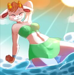  absurd_res animal_crossing anthro bikini blush bottomwear bovid brown_hair caprine chevre_(animal_crossing) closed_eyes clothing dutch_angle englam female freckles fur goat hair hand_behind_head hi_res horn legs_in_water mammal nintendo partially_submerged sea skirt smile solo submerged_legs swimwear water white_body white_fur 