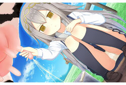  :&lt; animal aqua_hair black_skirt black_socks blue_sky bovine brown_eyes brown_footwear bucket closed_mouth cloud commentary_request day denkaisui dutch_angle female fence gradient_hair grass grey_hair grey_sailor_collar hair_between_eyes hairband hand_milking hand_on_own_knee kneehighs kureha_yuna loafers long_hair long_sleeves magia_record:_mahou_shoujo_madoka_magica_gaiden mahou_shoujo_madoka_magica milk multicolored_hair outdoors panties pigeon-toed pleated_skirt sailor_collar school_uniform serafuku shirt shoes skirt sky socks solo sparkle squatting torayamachi_academy_school_uniform udder underwear v-shaped_eyebrows very_long_hair white_panties white_shirt 