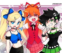  3girls alternate_universe anger_vein angry bare_shoulders berserk_(ppg) black_hair blonde_hair blue_bow blue_eyes bow bracelet brat_(ppg) breasts bright_pupils brute_(ppg) buttons ciosuii clenched_teeth collar english_commentary green_eyes green_skirt hair_ornament hairbow hairclip highres jewelry looking_at_viewer multiple_girls navel oerba_yun_fang open_mouth orange_hair pleated_skirt ponytail powerpuff_girls red_eyes red_vest short_hair skirt small_breasts spiked_hair standing teeth twintails vest white_pupils 