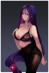  absurdres bare_shoulders black_bra black_panties black_pantyhose border bra breasts cleavage collarbone fate/grand_order fate_(series) female gradient_background grey_background hair_between_eyes hand_on_own_chest highres lace lace-trimmed_bra lace_trim large_breasts long_hair looking_at_viewer low-tied_long_hair minamoto_no_raikou_(fate) navel panties panties_under_pantyhose pantyhose parted_bangs purple_eyes purple_hair solo thighband_pantyhose thighs underwear vantsuki very_long_hair white_border 