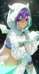  absurdres bandaid bandaid_on_leg bandeau belt blush breasts cadorunrun chromatic_aberration commentary_request crop_top demon_wings female goggles goggles_on_head green_eyes hair_between_eyes hand_up highres hololive hood hood_up hooded_shrug knee_pads knees_together_feet_apart long_sleeves open_mouth purple_hair ribbed_bandeau see-through see-through_sleeves short_hair shrug_(clothing) single_wing sitting small_breasts solo thigh_belt thigh_strap tokoyami_towa tokoyami_towa_(5th_costume) virtual_youtuber white_bandeau white_shrug white_wings wings 