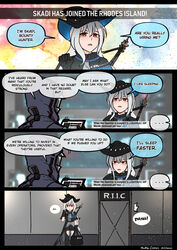  1other ambiguous_gender arknights bottlecomics doctor_(arknights) english_commentary english_text female gameplay_mechanics headgear highres interview red_eyes rejection skadi_(arknights) slamming_door white_hair 