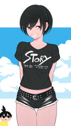  1boy absurdres arms_behind_back black_hair black_shirt black_shorts breasts clothes_writing cloud commentary_request crop_top cropped_shirt day denim denim_shorts ear_piercing female grin hair_between_eyes highres kemuri_haku legs_together looking_at_viewer midriff_peek natsumon! outdoors piercing satoru_(natsumon!) shirt short_hair short_shorts short_sleeves shorts sky smile solo_focus standing t-shirt yellow_shirt yoshiko_(natsumon!) 