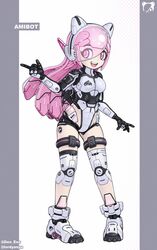  :d ami_(gwain_saga) android commentary english_commentary female full_body grey_background gwain_saga highres joints long_hair lordyanyu mechanical_hair mechanization pigeon-toed pink_eyes pink_hair robot_joints smile solo standing teeth two-tone_background upper_teeth_only visor white_background 