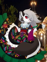  2022 absurd_res anthro canid canid_demon canine clothing dancing demon dibujoschidosdelabad dress female fingerless_gloves fur gloves grey_hair hair handwear hellhound helluva_boss hi_res loona_(helluva_boss) loona_in_mexico mammal meme mexican_dress mixed_media mythological_canine mythological_creature mythology night photo_background photography_(artwork) red_sclera solo tongue tongue_out white_body white_fur 