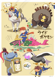  1boy absurdres akari_(pokemon) basculegion blue_jacket blue_pants blush_stickers brown_footwear claws clenched_teeth female fish hat highres hisuian_braviary jacket magikarp motion_lines pants poke_ball pokemon pokemon_(creature) pokemon_legends:_arceus rei_(pokemon) riding riding_pokemon roselia_(pokemon) scarf sho.t shoes sitting sneasler solid_oval_eyes sweat teeth thought_bubble throwing ursaluna water wyrdeer 