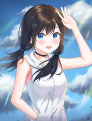  absurdres amano_hina_(tenki_no_ko) bad_id bad_pixiv_id bare_arms bare_shoulders black_hair blue_eyes blush choker cloud collarbone commentary_request day female highres hood hood_down hooded_jacket jacket long_hair looking_at_viewer low_twintails open_mouth outdoors sarin_(seoling) sky sleeveless sleeveless_jacket smile solo teeth tenki_no_ko twintails upper_teeth_only 