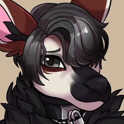  1:1 anthro black_inner_ear_fluff collar eyebrows fur giraffid grey_eyebrows grey_eyes grey_hair hair inner_ear_fluff male mammal multicolored_body multicolored_fur okapi rindeadsong simple_background solo tan_background tass(lewdtastic) tuft 