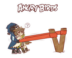  1other ? angry_birds arknights batkangaroo brown_eyes brown_hair chinese_commentary doctor_(arknights) feather_hair female glasses owl_ears photoshop_(medium) silence_(arknights) slingshot_(weapon) spoken_question_mark stretching 