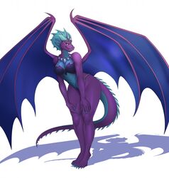  2020 anthro artist_name big_wings biped blue_body blue_claws blue_eyes blue_scales bottomwear breasts claws clothed clothing conditional_dnp countershade_scales countershade_tail countershade_torso countershading digital_media_(artwork) dracarna dragon female hand_on_leg hand_on_own_leg hand_on_own_thigh hand_on_thigh headgear headwear hi_res horn jewelry looking_at_viewer membrane_(anatomy) membranous_wings mythological_creature mythological_scalie mythology necklace purple_body purple_scales scales scalie shaded shadow simple_background solo spiked_tail spikes spikes_(anatomy) standing tail toe_claws topwear white_background wings wolfbane154 