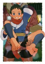  2boys arm_behind_head barefoot bike_shorts black_hair black_shirt blue_jacket blush border breath carrying chinese_commentary clenched_teeth commentary feet grey_eyes highres jacket leg_hold logo looking_at_viewer male_focus multiple_boys pokemon pokemon_legends:_arceus red_scarf rei_(pokemon) scarf security_corps_(pokemon) shirt short_hair soles spiked_hair spread_legs steam sweat teeth toenails toes white_border yaowu 