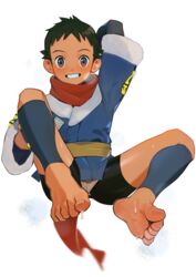  1boy arm_behind_head barefoot bike_shorts black_hair black_shirt blue_jacket blush breath chinese_commentary commentary feet full_body grey_eyes grin highres jacket leg_hold logo looking_at_viewer male_focus pokemon pokemon_legends:_arceus red_scarf rei_(pokemon) scarf shirt short_hair smile soles solo spiked_hair sweat teeth toenails toes transparent_background yaowu 