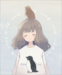  adelie_penguin animal_on_head ayu_(mog) baby_penguin bad_id bad_pixiv_id bird bird_on_head blunt_bangs blush closed_eyes eyelashes facing_viewer female grey_hair head_tilt long_sleeves medium_hair on_head original parted_lips penguin shirt solo upper_body white_shirt 