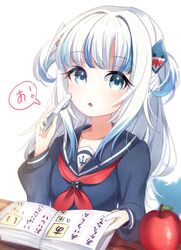  :o a_(phrase) ametama_(runarunaruta5656) apple bad_id bad_twitter_id blue_eyes blue_hair blue_serafuku blunt_bangs commentary eyelashes female film_grain fins fish_tail food fruit gawr_gura grey_hair hair_ornament highres hololive hololive_english long_hair long_sleeves looking_at_viewer mask mouth_mask multicolored_hair neckerchief notebook oerba_yun_fang open_mouth raised_eyebrows sailor_collar school_uniform serafuku shark_girl shark_hair_ornament shark_tail solo speech_bubble streaked_hair surgical_mask tail two_side_up virtual_youtuber 