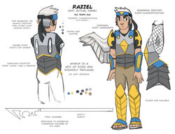  2022 5_fingers alradeck angel armor caelum_sky clothed clothing conditional_dnp digital_media_(artwork) english_text feathered_wings feathers fingers hair male model_sheet raziel_(caelum_sky) simple_background solo standing text white_background white_body white_feathers white_hair wings 