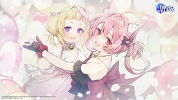  2girls animal_ear_fluff animal_ears ariake_(azur_lane) ariake_(unending_friendship)_(azur_lane) arm_scrunchie asagi_yuna azur_lane back_bow backless_outfit balloon bare_shoulders bell black_dress black_gloves black_scrunchie blonde_hair bow breasts cat_ears cleavage dress evening_gown gloves hairbow hatsushimo_(azur_lane) hatsushimo_(perennial_joy)_(azur_lane) heart_balloon highres large_breasts looking_at_viewer multiple_girls neck_bell official_alternate_costume official_art oppai_loli pink_hair purple_bow purple_eyes red_bow red_eyes scrunchie sleeveless sleeveless_dress white_dress white_scrunchie 