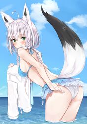  absurdres ahoge animal_ears ass back bare_arms bare_shoulders bikini bikini_skirt blue_bikini blue_sky blush braid breasts commentary day female fox_ears fox_girl fox_tail from_behind halterneck highres holding holding_clothes holding_shirt hololive horizon leaning_forward long_hair looking_at_viewer looking_back medium_breasts multiple_braids nemun_(tamizzz) ocean outdoors shirakami_fubuki shirakami_fubuki_(hololive_summer_2019) shirt sideboob sky solo swimsuit tail unworn_shirt very_long_hair virtual_youtuber wading water white_hair 