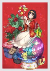  belly black_hair box brown_eyes christmas christmas_tree comfey dress erika_(holiday_2020)_(pokemon) erika_(pokemon) floral_print flower flower_wreath gift gift_box hairband highres holding holding_poke_ball holly multiple_girls official_alternate_costume open_mouth pikachu pink_flower poinsettia poke_ball pokemon pokemon_(creature) pokemon_masters_ex red_flower red_hair santa_dress shawl short_hair sitting skyla_(holiday_2020)_(pokemon) skyla_(pokemon) smile snow snow_globe tangela togekiss victreebel vileplume yellow_flower yellowking_hiro 