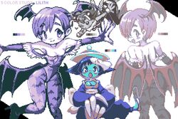  3girls animal_print antennae art_study arthropod_girl back bat_print bat_wings bee_girl black_footwear black_pantyhose blue_hair blue_skin blush_stickers boots breasts bridal_gauntlets character_name christy_frisby claws cleavage_cutout clothing_cutout colored_skin demon_girl diamond_cutout dithering english_commentary english_text flat_chest flying hat head_wings heart insect_wings jiangshi knee_boots large_breasts lei_lei lilith_aensland limited_palette lin-lin looking_at_viewer looking_back low_wings mechanical_arms monster_girl multiple_girls oerba_yun_fang ofuda pantyhose pixel_art pointing pointing_at_self print_pantyhose purple_hair q-bee qingdai_guanmao short_hair simple_background smile vampire_(game) wings wristband 