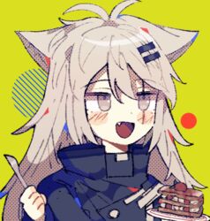  :d animal_ears antenna_hair arknights black_jacket blush cake female food green_background grey_eyes grey_hair hair_between_eyes hair_ornament hairclip holding holding_knife jacket knife korean_commentary lappland_(arknights) lowres messy_hair mille-feuille oerba_yun_fang open_mouth rbfnrbf_(mandarin) scar scar_across_eye simple_background smile solo upper_body wolf_ears 