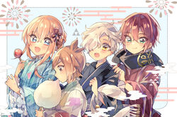  4boys :d :o :q absurdres bell blonde_hair blue_eyes braid brown_eyes brown_hair candy_apple chiro_(chi-bu-ko) commentary_request cotton_candy crossdressing eating egasumi food french_braid frills gokotai green_eyes hair_over_one_eye hand_on_another&#039;s_shoulder highres houchou_toushirou japanese_clothes kimono male_focus midare_toushirou multiple_boys open_mouth otoko_no_ko red_hair scarf shinano_toushirou smile tongue tongue_out touken_ranbu white_hair yellow_eyes yukata 