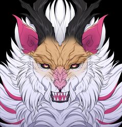  artist_name black_background black_sclera conditional_dnp fur headshot_portrait hi_res horn looking_at_viewer mammal nyx_(wolfbane154) open_mouth pink_eyes pink_inner_ear pink_nose portrait sharp_teeth simple_background solo tan_body tan_fur teeth white_body white_fur wolfbane154 