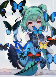  absurdres ametama_(runarunaruta5656) animal_print bare_shoulders blue_butterfly blue_dress blue_hair blue_sleeves bug butterfly butterfly_print cleavage_cutout clothing_cutout detached_sleeves double_bun dress earrings female full_body gradient_hair green_hair hair_bun hair_ornament hair_ribbon highres hololive jewelry kneeling looking_at_viewer multicolored_hair red_eyes ribbon short_dress short_hair skull_earrings skull_hair_ornament sleeveless sleeveless_dress solo uruha_rushia uruha_rushia_(1st_costume) virtual_youtuber wide_sleeves 