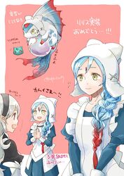  2girls black_hairband blue_hair braid bulbasaur closed_mouth corrin_(female)_(fire_emblem) corrin_(fire_emblem) fire_emblem fire_emblem_fates gradient_hair hairband lilith_(fire_emblem) long_hair long_sleeves multicolored_hair multiple_girls multiple_views open_mouth orb pink_background pointy_ears pokemon pokemon_(creature) red_eyes red_hair robaco siblings simple_background single_braid sisters smile translation_request white_hair yellow_eyes 