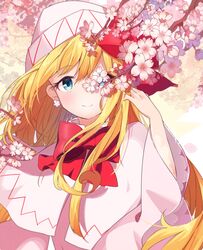  ametama_(runarunaruta5656) bad_id bad_twitter_id blonde_hair blue_eyes capelet cherry_blossoms closed_mouth earrings fairy female flower_earrings hair_between_eyes hat highres jewelry light_blush lily_white long_hair long_sleeves looking_at_viewer raised_eyebrows smile solo spring_(season) touhou upper_body white_capelet wide_sleeves 