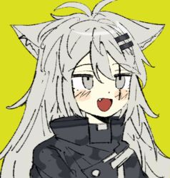  :d animal_ears antenna_hair arknights bad_id bad_twitter_id black_jacket blush female green_background grey_eyes grey_hair hair_between_eyes hair_ornament hairclip jacket korean_commentary lappland_(arknights) lowres messy_hair oerba_yun_fang open_mouth rbfnrbf_(mandarin) scar scar_across_eye simple_background smile solo upper_body wolf_ears yellow_background 