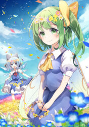  2girls absurdres ametama_(runarunaruta5656) blue_skirt blue_vest blush bow cirno closed_mouth collared_shirt commentary daiyousei fairy fairy_wings field flower flower_field full_body green_eyes green_hair hairbow highres looking_at_viewer medium_hair medium_skirt multiple_girls nature outdoors puffy_short_sleeves puffy_sleeves seiza shirt short_sleeves side_ponytail sitting skirt skirt_hold skirt_set smile solo_focus touhou vest white_shirt wing_collar wings wreath 