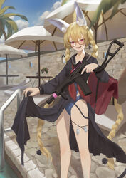  absurdres animal_ears bad_id bad_pixiv_id bag blonde_hair blue_one-piece_swimsuit blush braid cirilla_lin clothes_lift female girls&#039;_frontline glasses gun highres holding holding_weapon long_hair looking_at_viewer neck_ribbon nontraditional_school_swimsuit official_alternate_costume one-piece_swimsuit open_mouth outdoors purple_eyes red_ribbon ribbon school_bag school_swimsuit school_uniform simple_background skirt skirt_lift smile solo sr-3mp sr-3mp_(commando_bunny)_(girls&#039;_frontline) sr-3mp_(girls&#039;_frontline) standing swimsuit weapon 