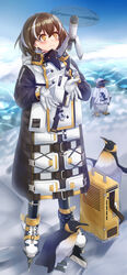  +_+ absurdres animal arknights bird black_footwear black_jacket black_pants blue_sky boots brown_eyes brown_hair closed_mouth commentary day earrings emperor_(arknights) emperor_penguin female gloves glowing hair_between_eyes highres ice_skates jacket jewelry long_sleeves magallan_(arknights) mask mouth_mask multicolored_hair outdoors pants penguin ponta_(velmar) skates sky smile snowing solo standing streaked_hair symbol-only_commentary white_gloves white_hair 