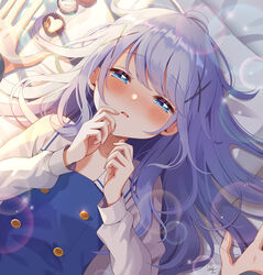  bed_sheet blue_eyes blue_hair blush chocolate commentary female food gochuumon_wa_usagi_desu_ka? hair_ornament hair_spread_out half-closed_eyes highres kafuu_chino kafuu_chino&#039;s_school_uniform light_blue_hair long_hair long_sleeves looking_at_viewer lying mozukun43 nose_blush on_back parted_lips pillow pov pov_hands school_uniform solo_focus sweets upper_body x_hair_ornament 