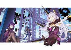  3girls absurdres ahoge black_gloves blue_dress blue_sky breasts bronya_zaychik bronya_zaychik_(herrscher_of_reason) china_dress chinese_clothes cleavage closed_mouth dress drill_hair elbow_gloves fuann full_body glasses glitch gloves grey_eyes grey_hair hair_ornament highres honkai_(series) honkai_impact_3rd kiana_kaslana kiana_kaslana_(herrscher_of_the_void) long_hair looking_at_viewer multiple_girls purple_dress purple_eyes purple_hair purple_sleeves raiden_mei raiden_mei_(herrscher_of_thunder) see-through see-through_sleeves sitting sky smile standing thighhighs twin_drills white_dress white_hair white_thighhighs yellow_eyes 