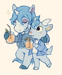  animal_crossing anthro arm_around_shoulders beverage blue_body blue_fur blue_hair blush bovid caprine chibi daww digital_media_(artwork) duo equid equine fur goat hair hi_res hooves horn juice_(beverage) julian_(animal_crossing) male male/male mammal mythological_creature mythological_equine mythology nintendo orange_juice romantic romantic_couple sherb_(animal_crossing) suikuzu suizilla unicorn 