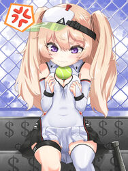  anger_vein annoyed azur_lane bache_(azur_lane) bache_(showy_sports_star)_(azur_lane) ball blonde_hair breast_conscious breasts breasts_squeezed_together bridal_gauntlets chain-link_fence chinese_commentary cleavage cleavage_cutout clothing_cutout cloud commentary_request covered_navel day dress elbow_gloves female fence gloves hands_on_own_breasts hat highres long_hair official_alternate_costume otakummm outdoors purple_eyes racket short_dress single_thighhigh sitting sky small_breasts solo sportswear tennis_ball tennis_racket tennis_uniform thigh_strap thighhighs thighs twintails visor_cap white_dress white_gloves white_thighhighs 