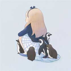  african_penguin ayu_(mog) baby_penguin bad_id bad_pixiv_id bird blonde_hair blue_footwear blue_shirt blue_skirt blush facing_away female from_behind grey_background hairband long_hair long_sleeves original penguin shirt shoes signature simple_background sitting skirt solo striped_clothes striped_skirt 